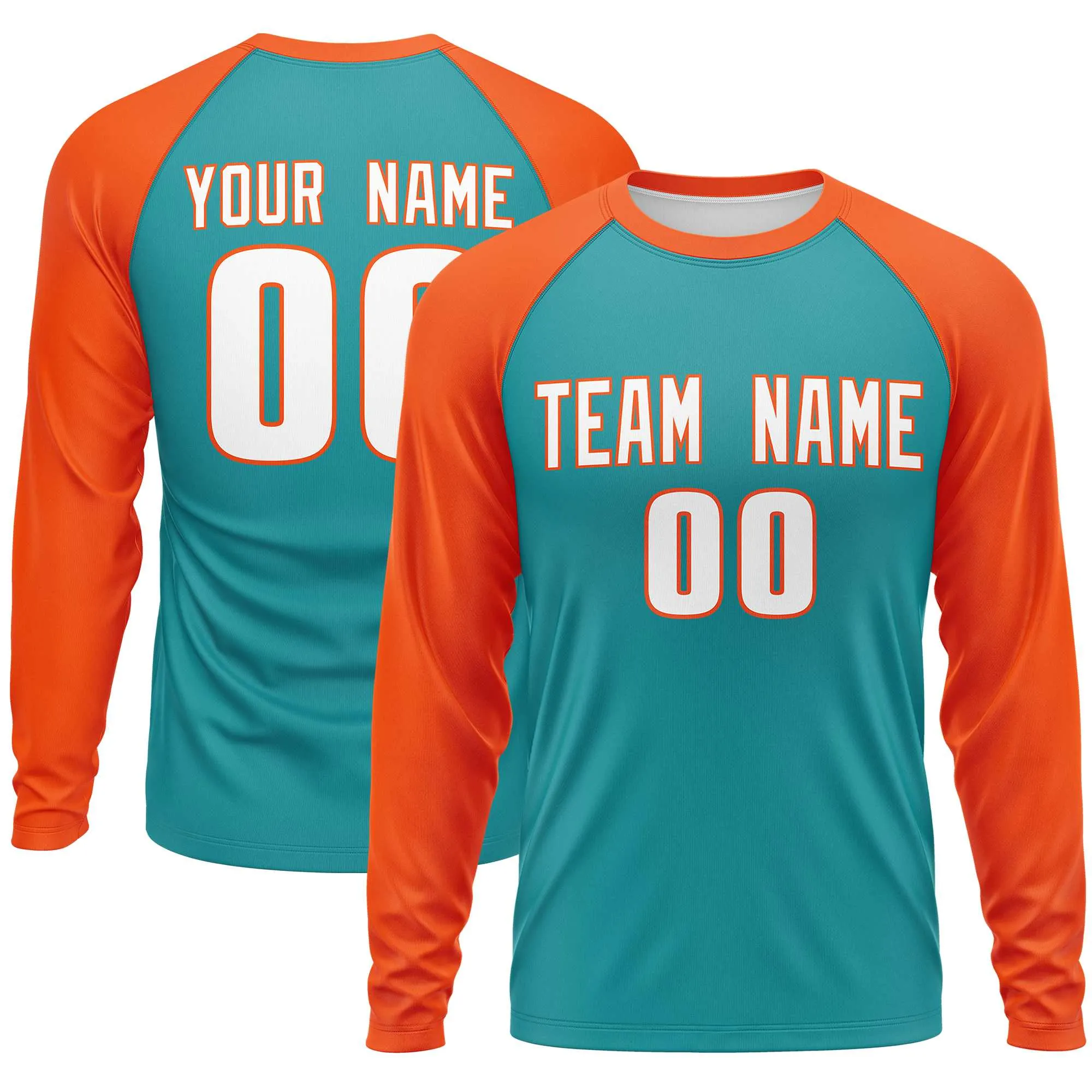 Custom Aqua Orange Crew Neck Raglan Long Sleeve Performance T-Shirt