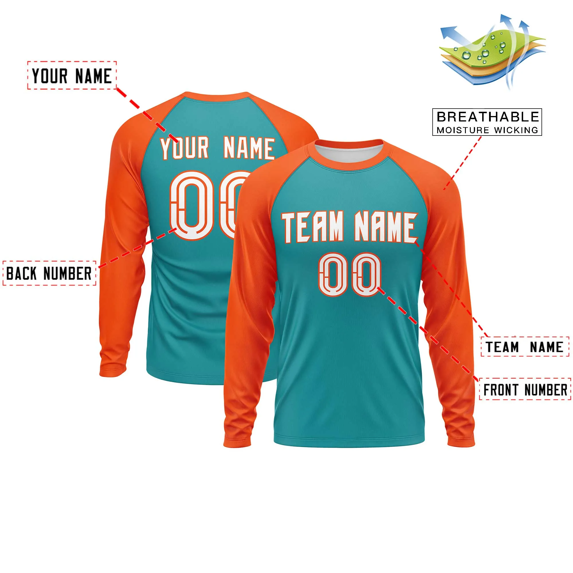 Custom Aqua Orange Crew Neck Raglan Long Sleeve Performance T-Shirt