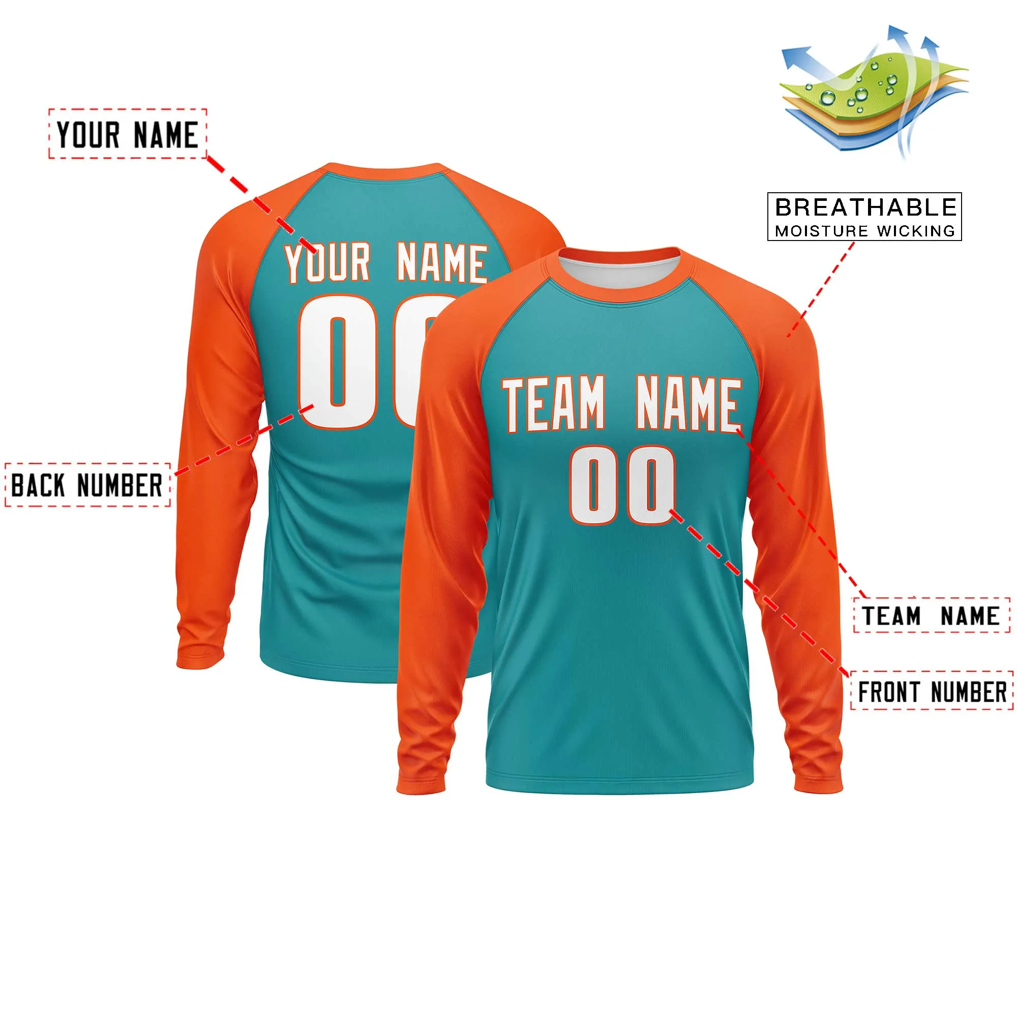 Custom Aqua Orange Crew Neck Raglan Long Sleeve Performance T-Shirt