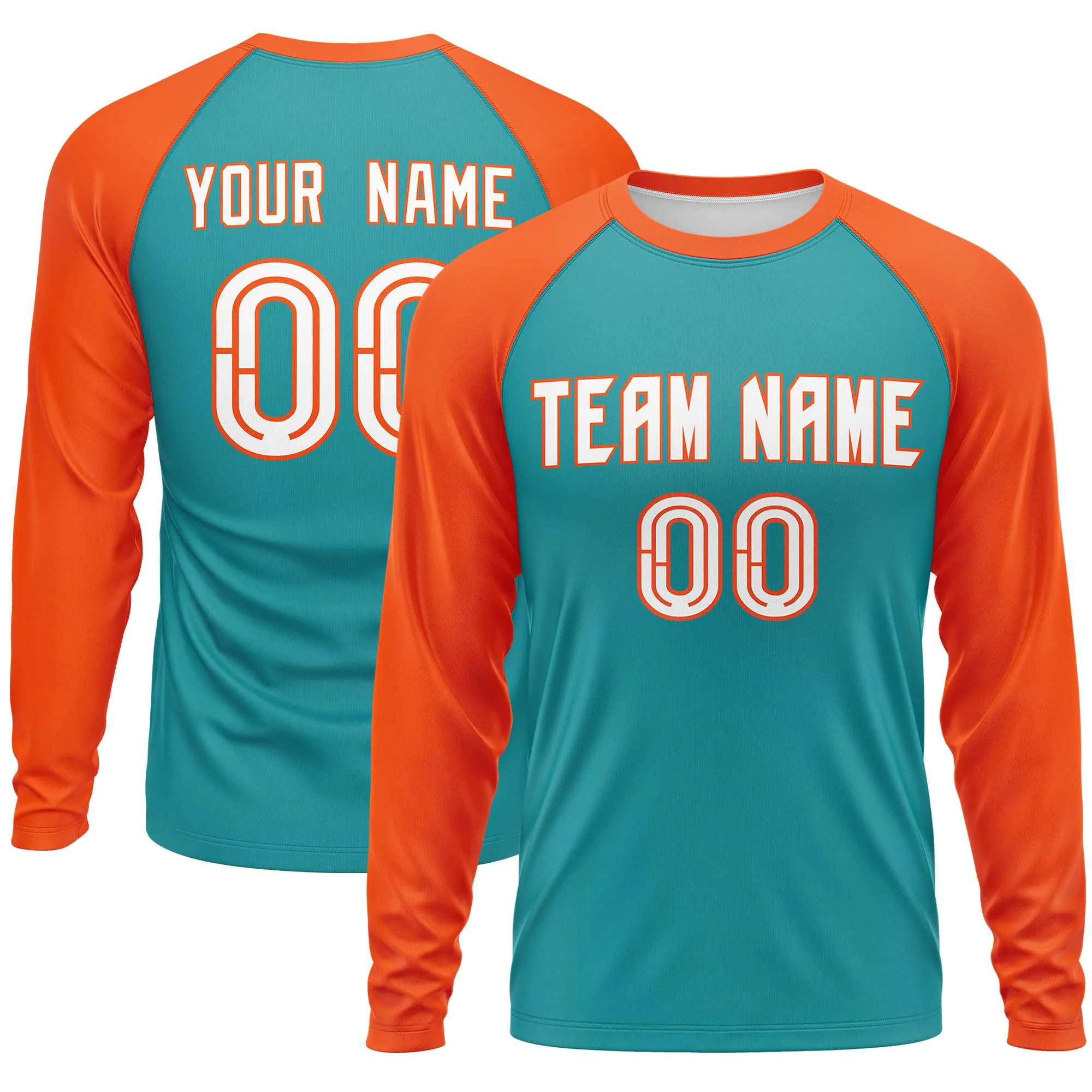 Custom Aqua Orange Crew Neck Raglan Long Sleeve Performance T-Shirt