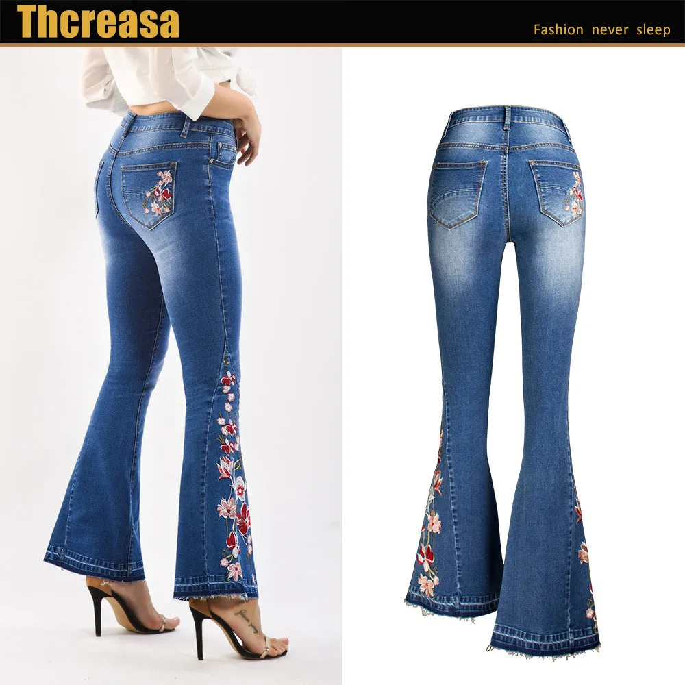 Dark Blue Flared Embroidery Detail Women Denim Jeans