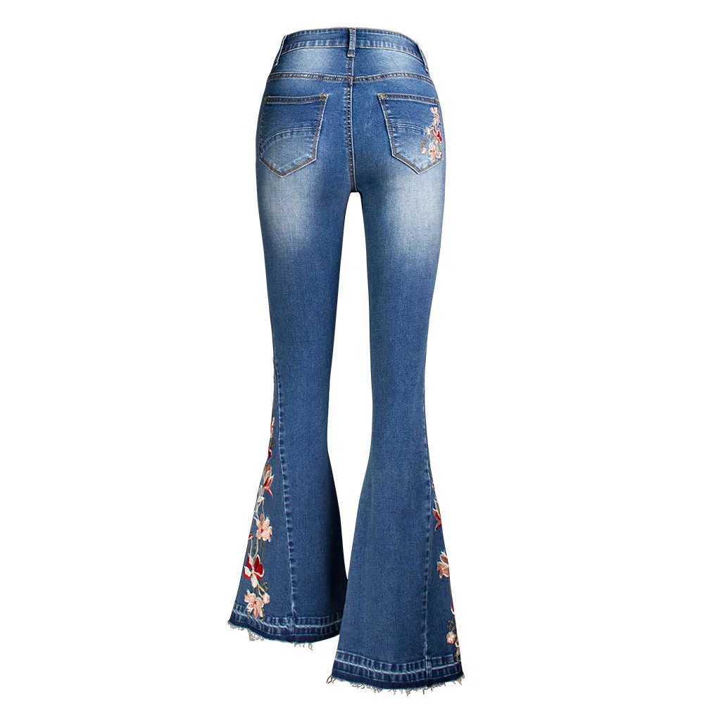 Dark Blue Flared Embroidery Detail Women Denim Jeans