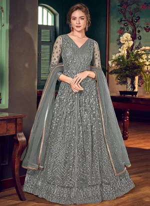 Dark Grey Embroidered Slit Style Anarkali Lehenga Suit