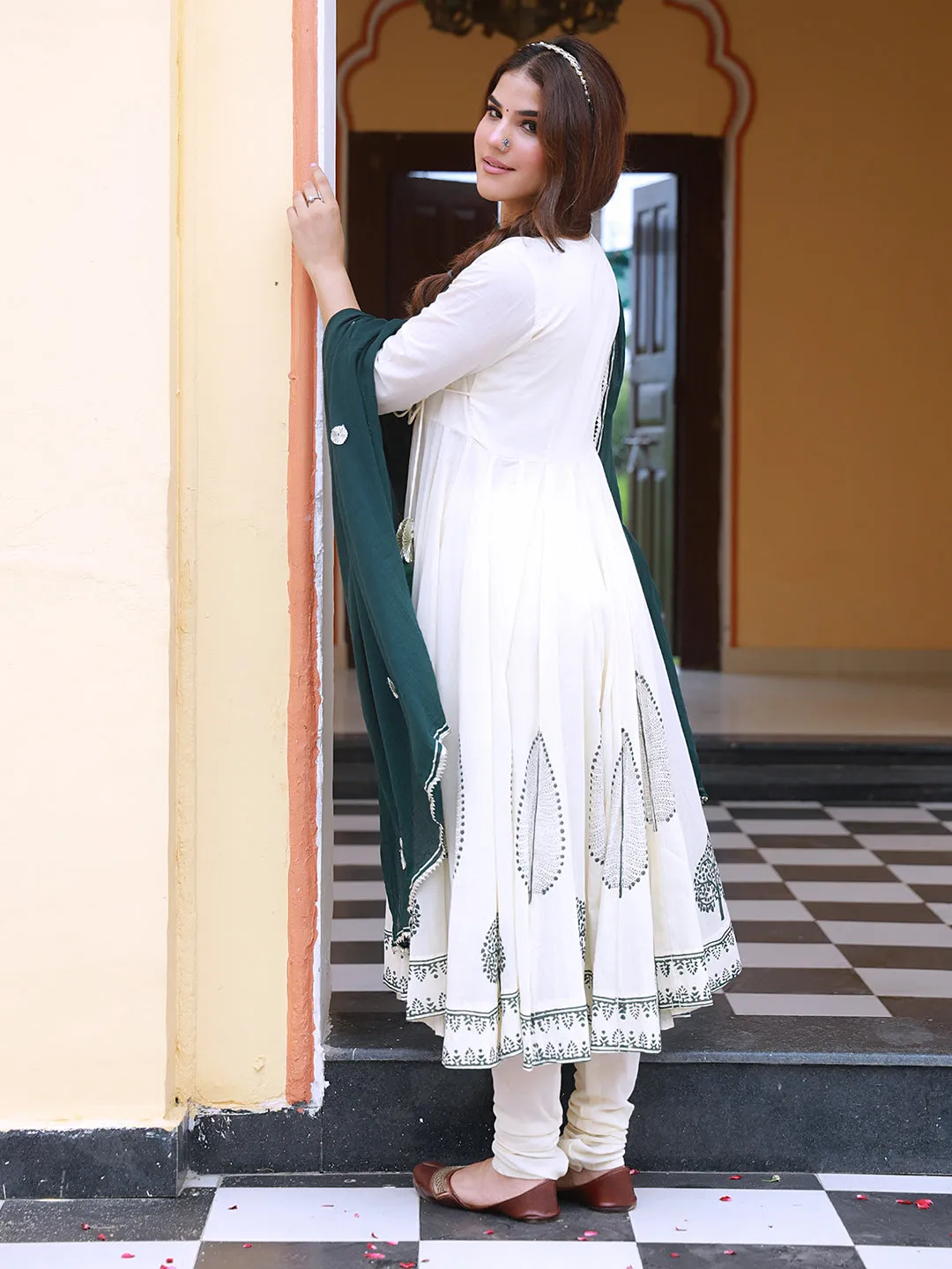 Deep Green Hand Block Print Cotton Anarkali Suit Set with Gota work Dupatta