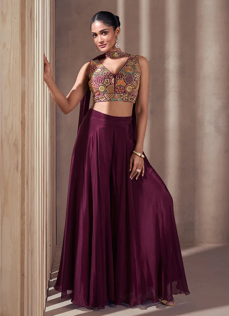 Deep Wine Multi Designer Embroidered Co-Ord Palazzo Set