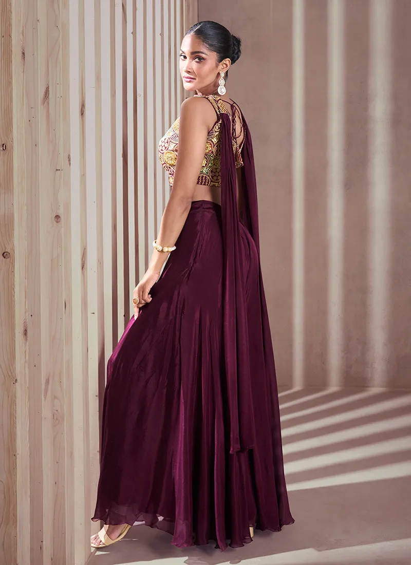 Deep Wine Multi Designer Embroidered Co-Ord Palazzo Set