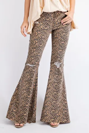 Easel Animal Distress Knee Bell Bottom Pants - Camel