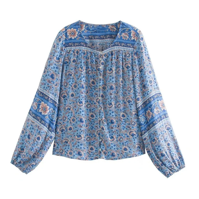 Esmee Peasant Top In Blue Or Orange You Choose Long Sleeve Button Front Bohemian Floral Print Blouse Tie It In Front Or Button It Available In Small Medium Or Large