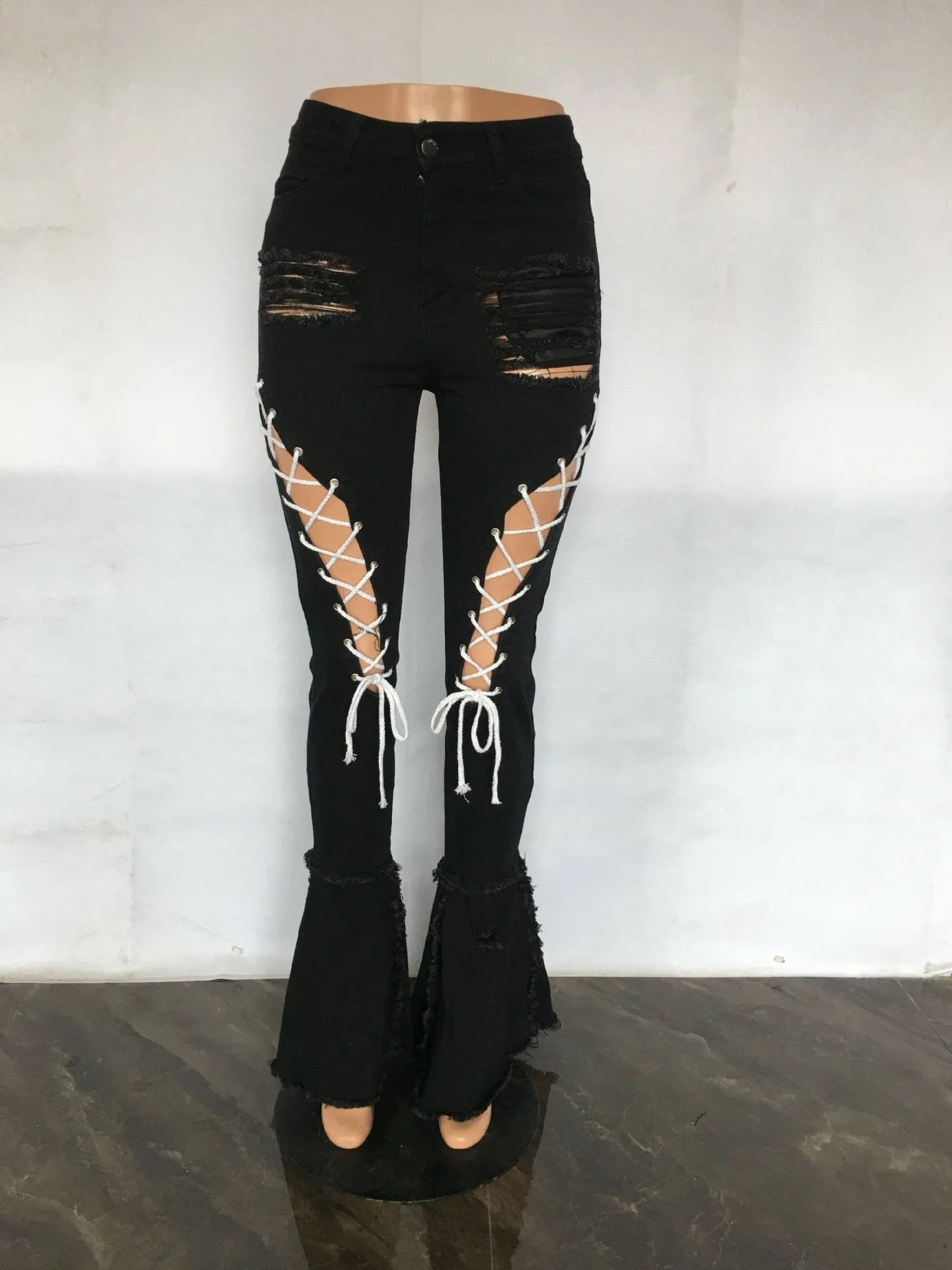 Fashion lace up ripped denim flared pants（AY2333）