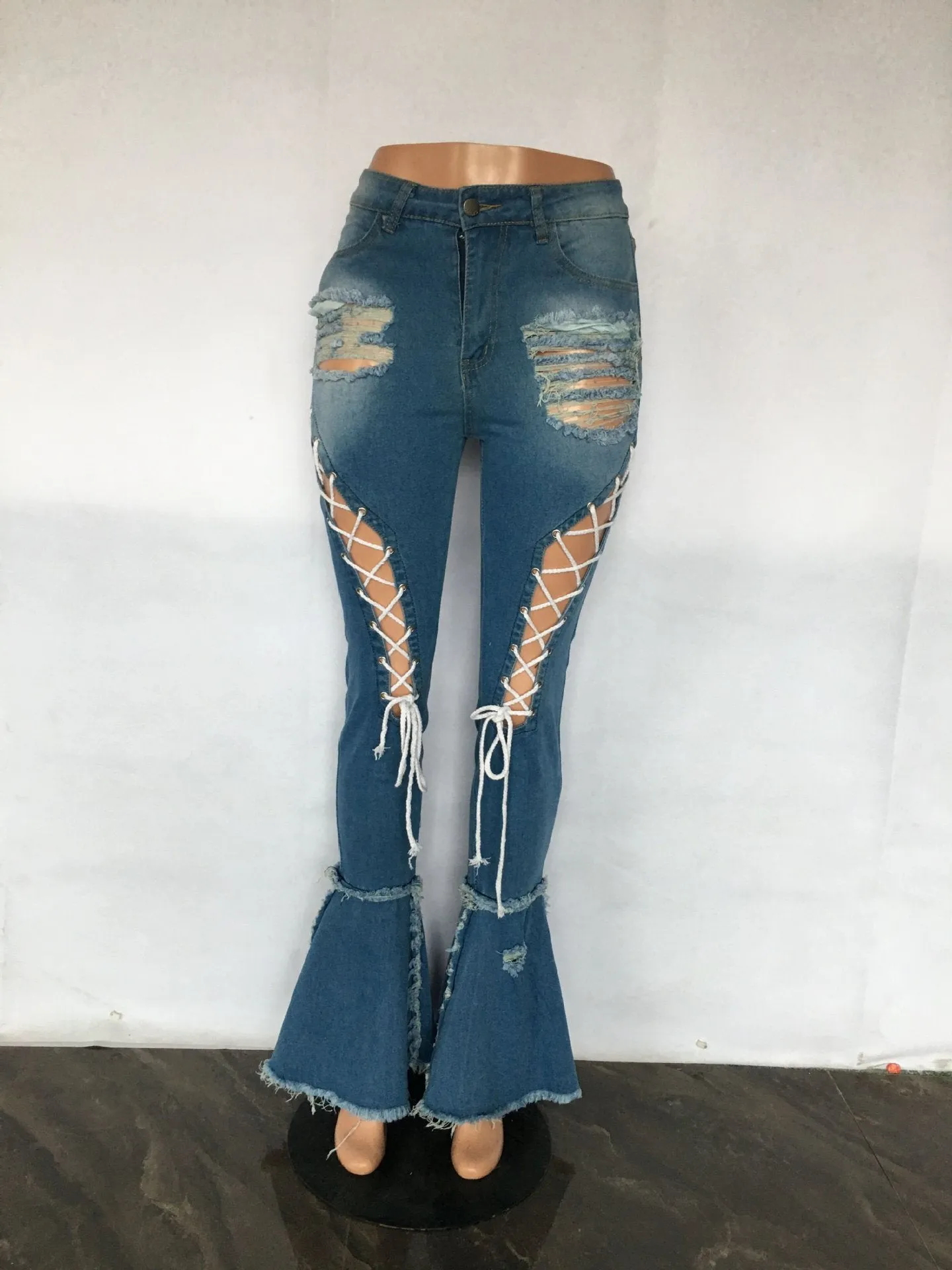 Fashion lace up ripped denim flared pants（AY2333）