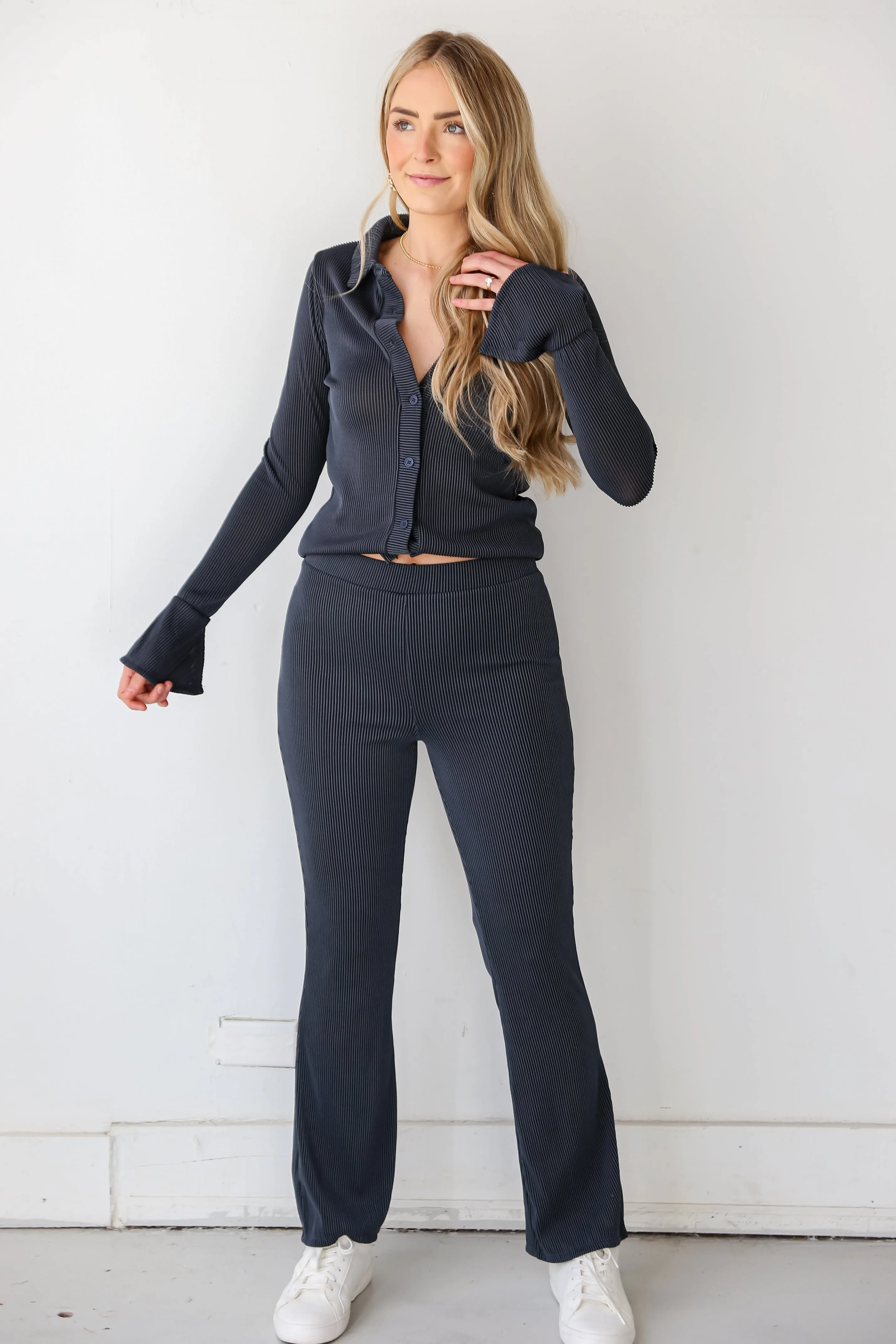 FINAL SALE - Adored Persona Charcoal Ribbed Knit Flare Pants - DU DEAL