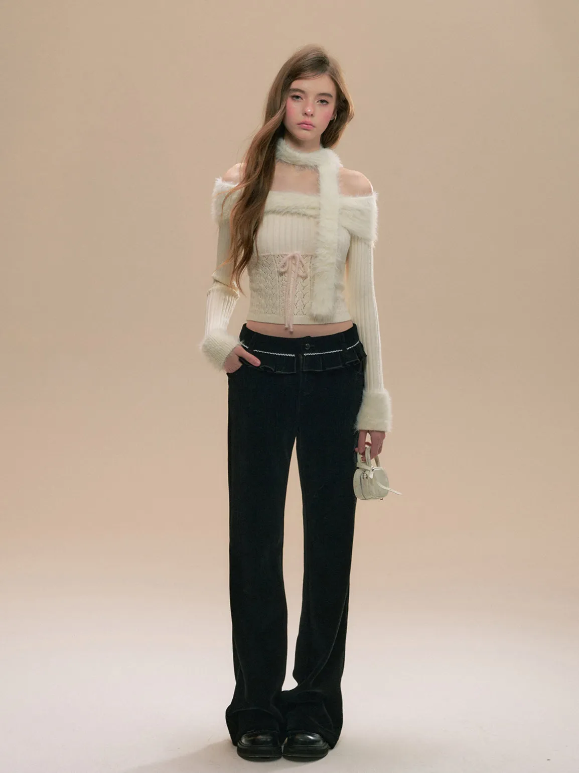 (Final Sale) Black Fitted Chenille Flared Pants