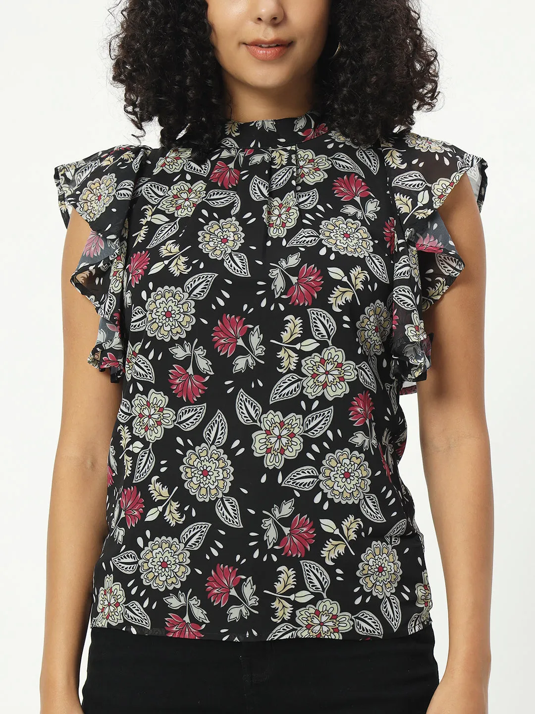 Floral Printed Mandarin Collar Flutter Sleeve Georgette Top