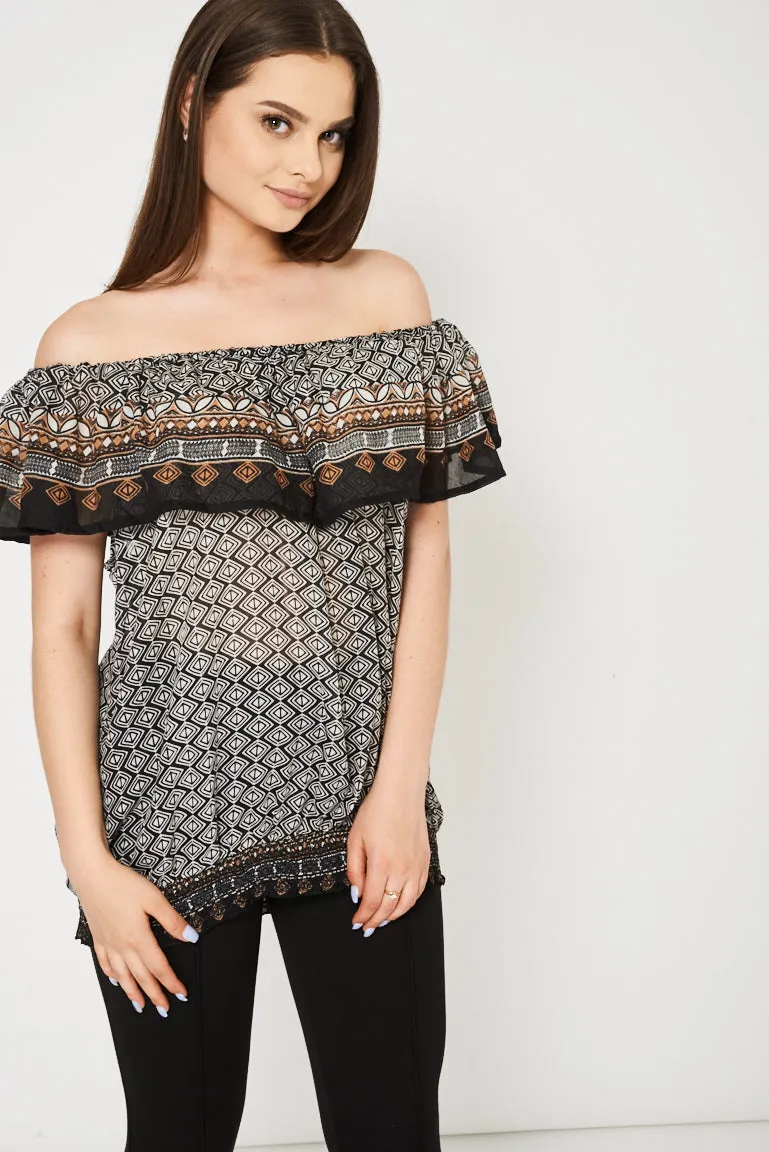 Frill Bardot Top With Abstract Pattern