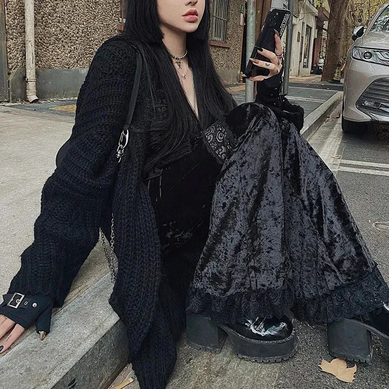 Girlary Goth High Waist Flared Pants Aesthetic Sexy Lace Patchwork Women's Pants Vintage Elegant Velvet Christmas Trousers