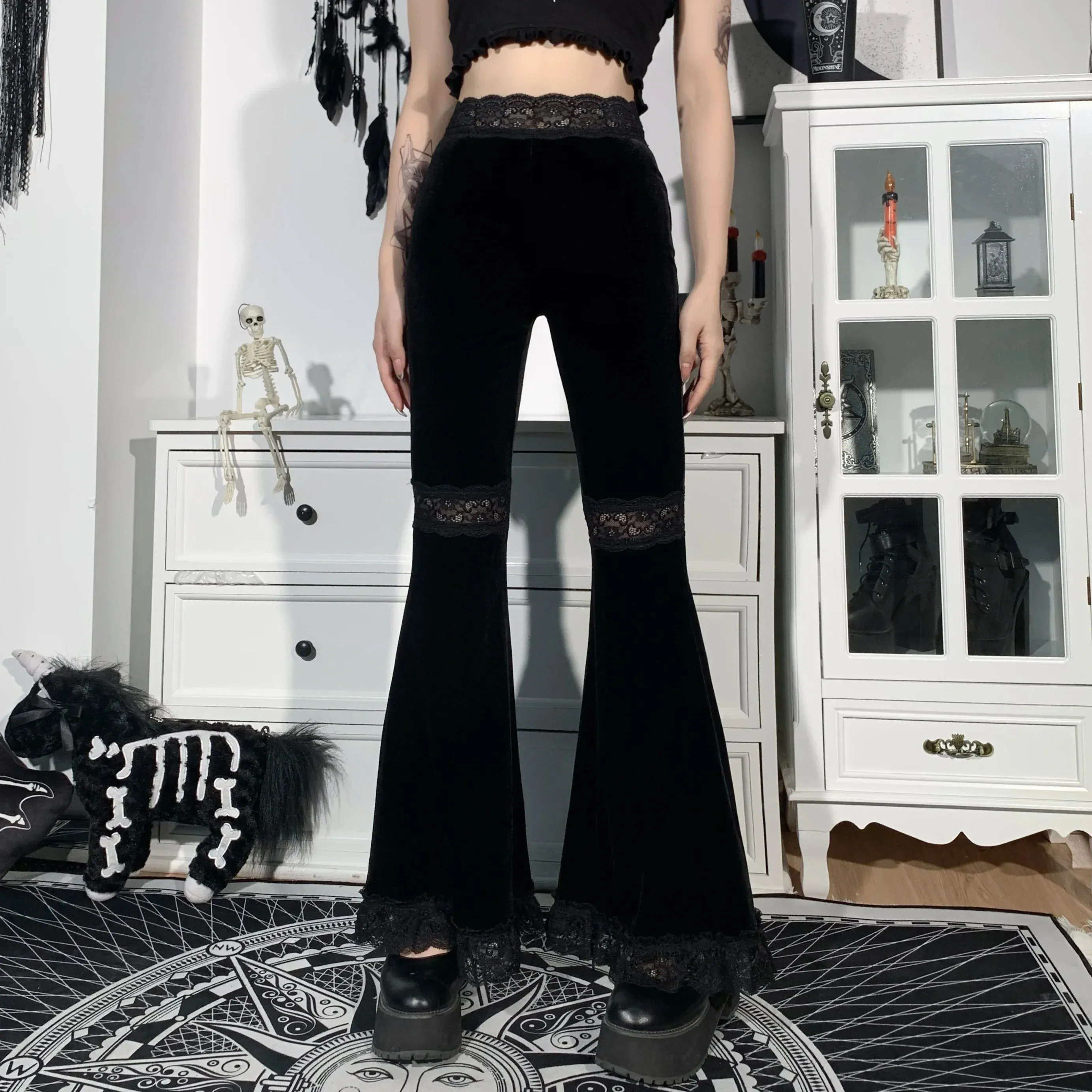 Girlary Goth High Waist Flared Pants Aesthetic Sexy Lace Patchwork Women's Pants Vintage Elegant Velvet Christmas Trousers