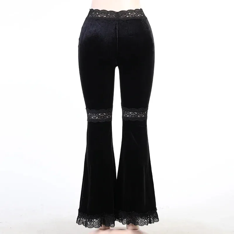 Girlary Goth High Waist Flared Pants Aesthetic Sexy Lace Patchwork Women's Pants Vintage Elegant Velvet Christmas Trousers