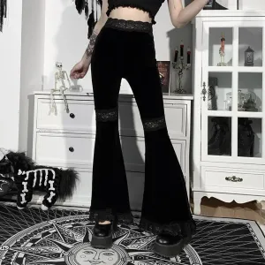 Girlary Goth High Waist Flared Pants Aesthetic Sexy Lace Patchwork Women's Pants Vintage Elegant Velvet Christmas Trousers