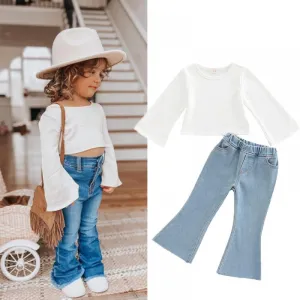 Girls Autumn Solid Color Flared Sleeve T-Shirt Denim Flared Pants Set Wholesale