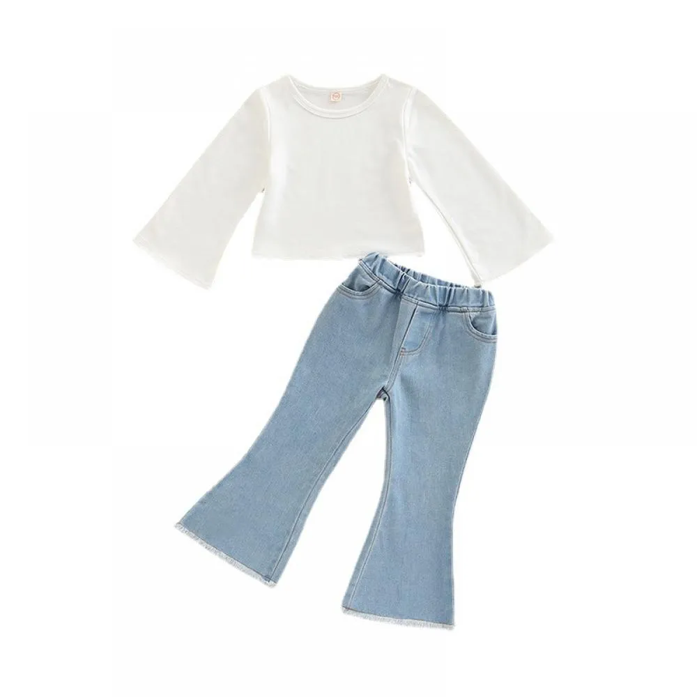 Girls Autumn Solid Color Flared Sleeve T-Shirt Denim Flared Pants Set Wholesale