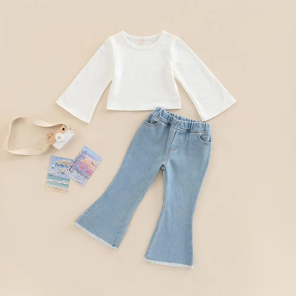 Girls Autumn Solid Color Flared Sleeve T-Shirt Denim Flared Pants Set Wholesale