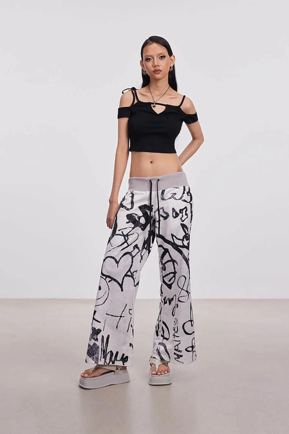 Graffiti Print Wide Leg Pants