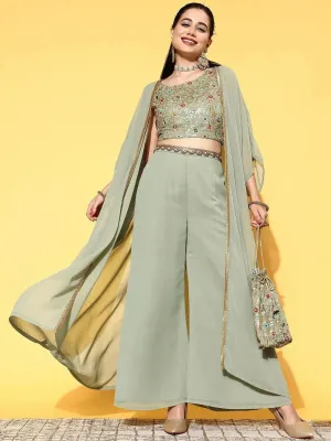 Green Embellished Georgette Top With Palazzos & Shrug