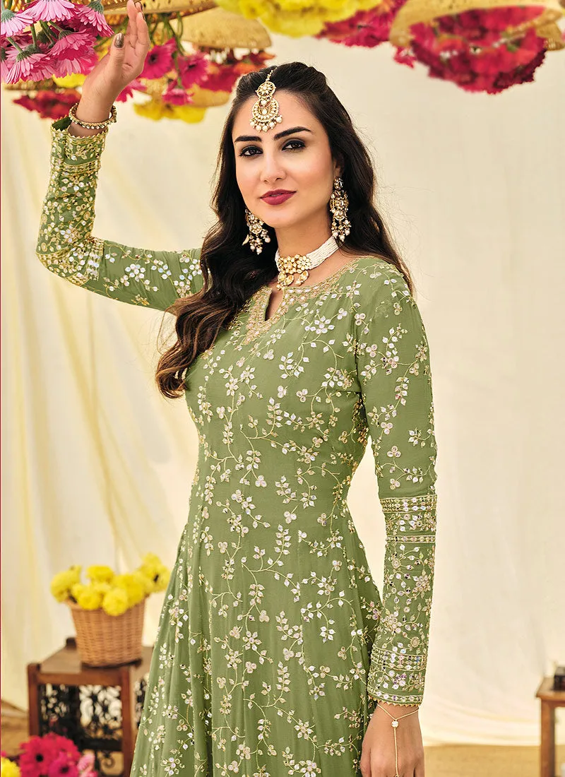 Green Embroidered Georgette Indian Anarkali