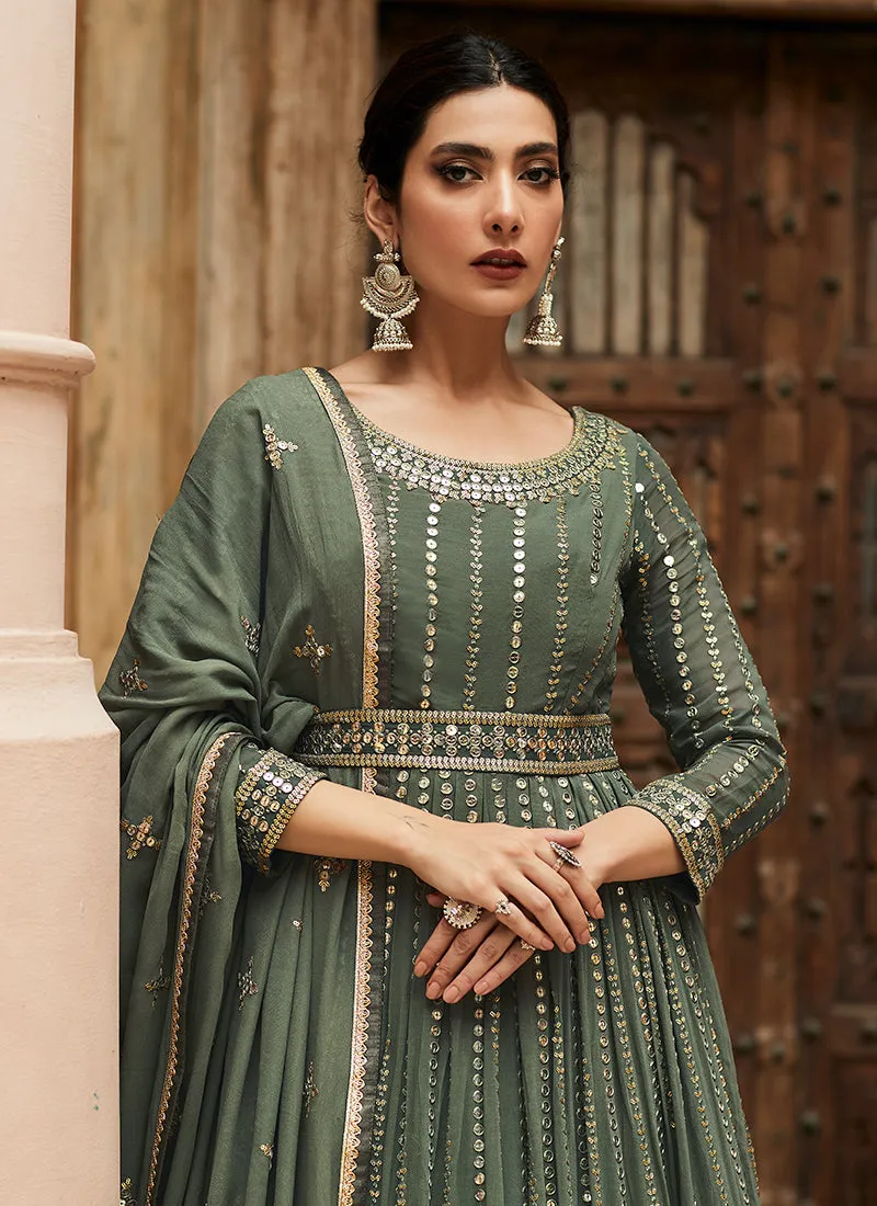 Green Mirror Embroidery Georgette Anarkali Suit