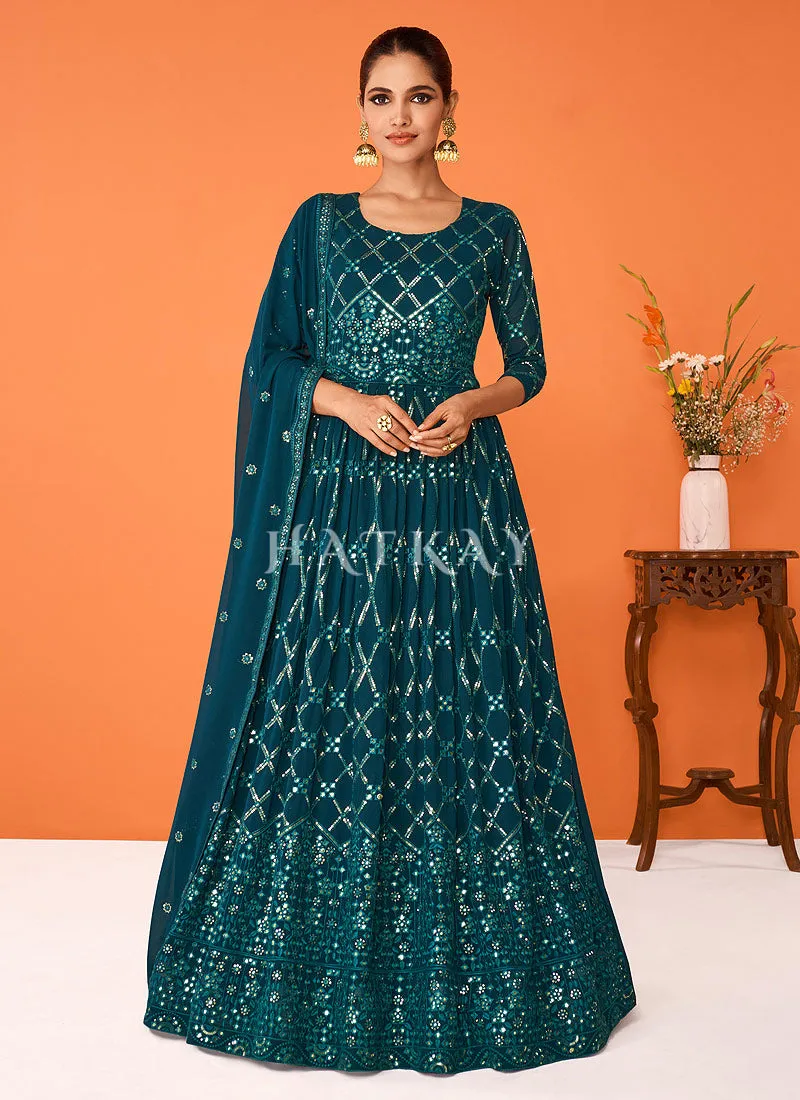 Green Mirror Work Embroidered Party Wear Anarkali Suit