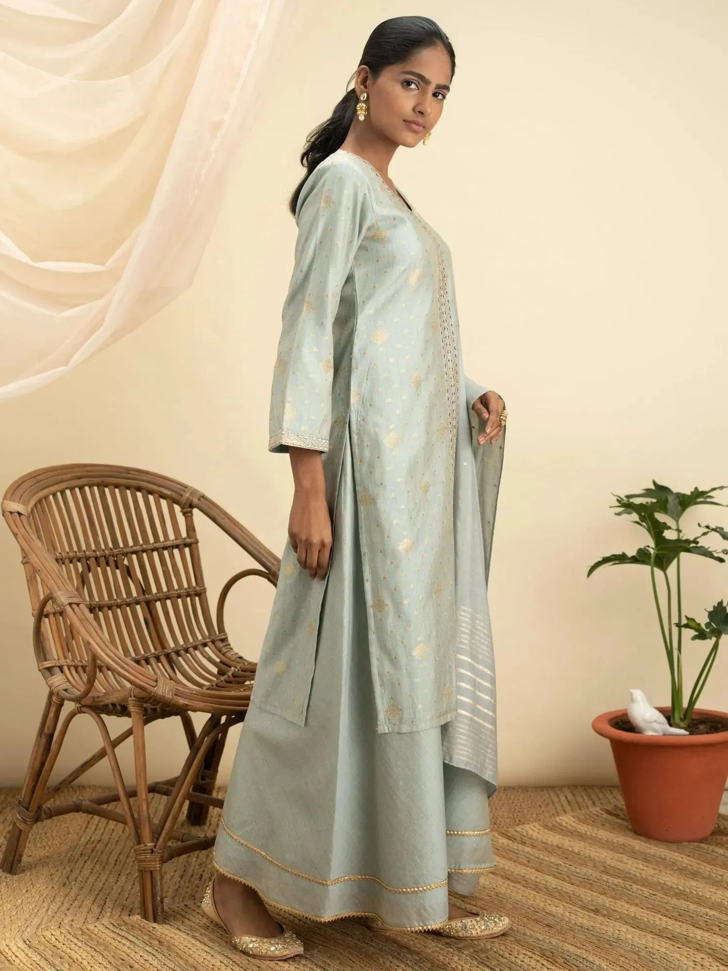 Grey Self Design Chanderi Silk Straight Kurta With Palazzos & Dupatta