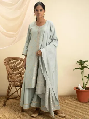 Grey Self Design Chanderi Silk Straight Kurta With Palazzos & Dupatta