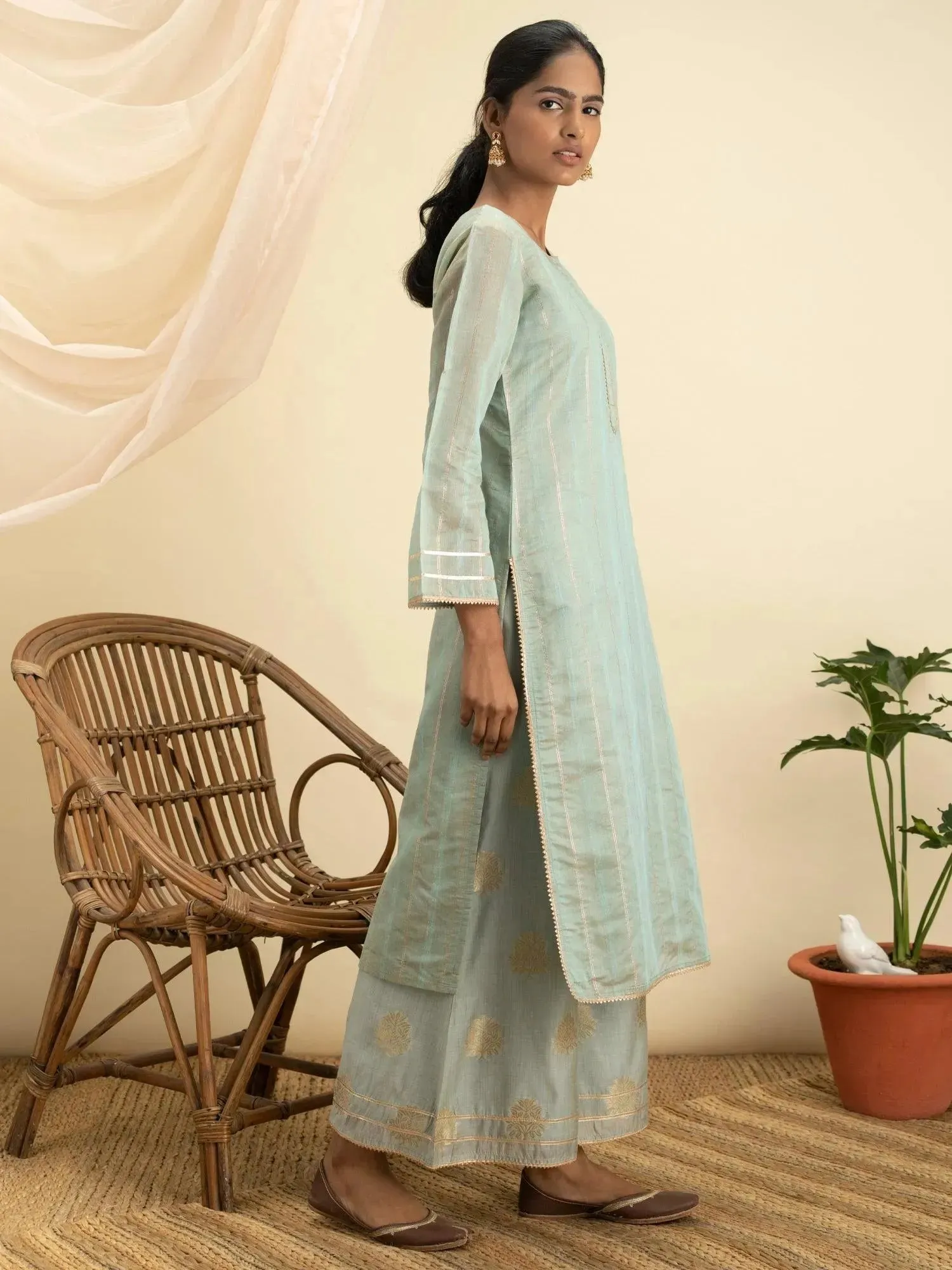 Grey Self Design Chanderi Silk Straight Kurta With Palazzos