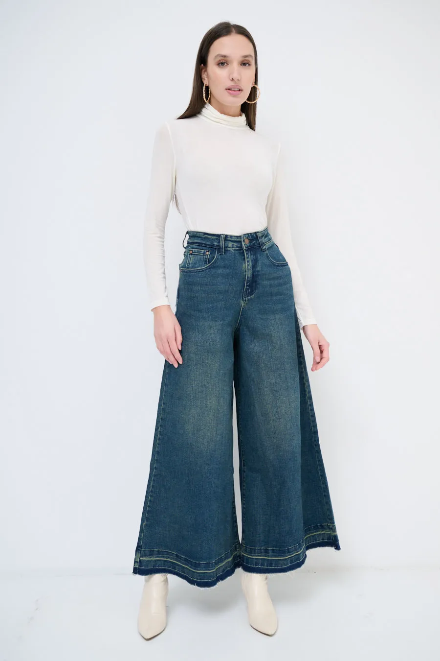 High-waisted wide-leg denim culottes wholesale