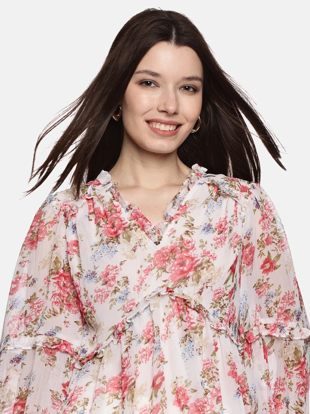 IS.U Floral Multicolor Blouson Sleeve Top