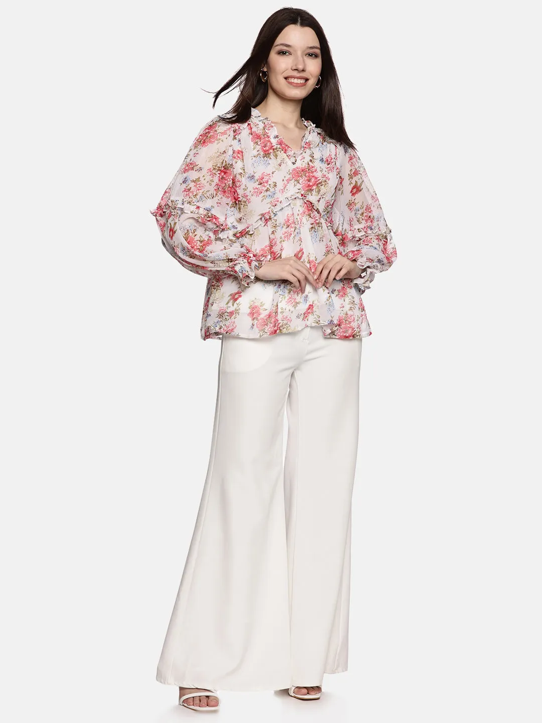 IS.U Floral Multicolor Blouson Sleeve Top