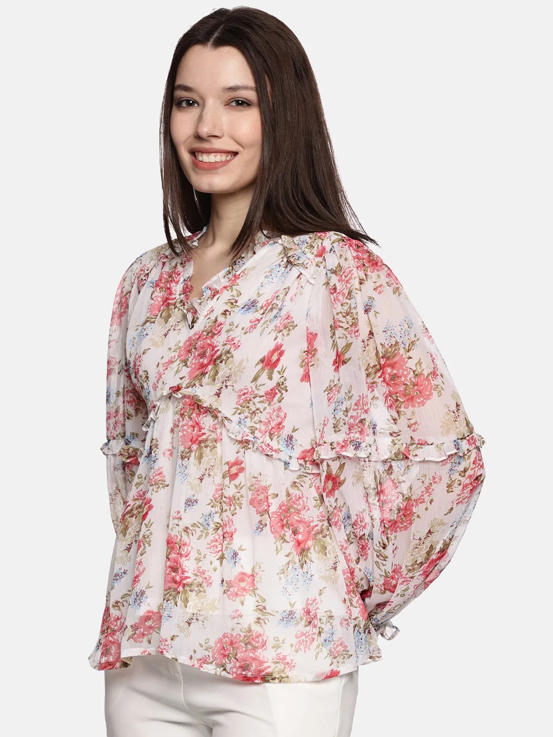 IS.U Floral Multicolor Blouson Sleeve Top