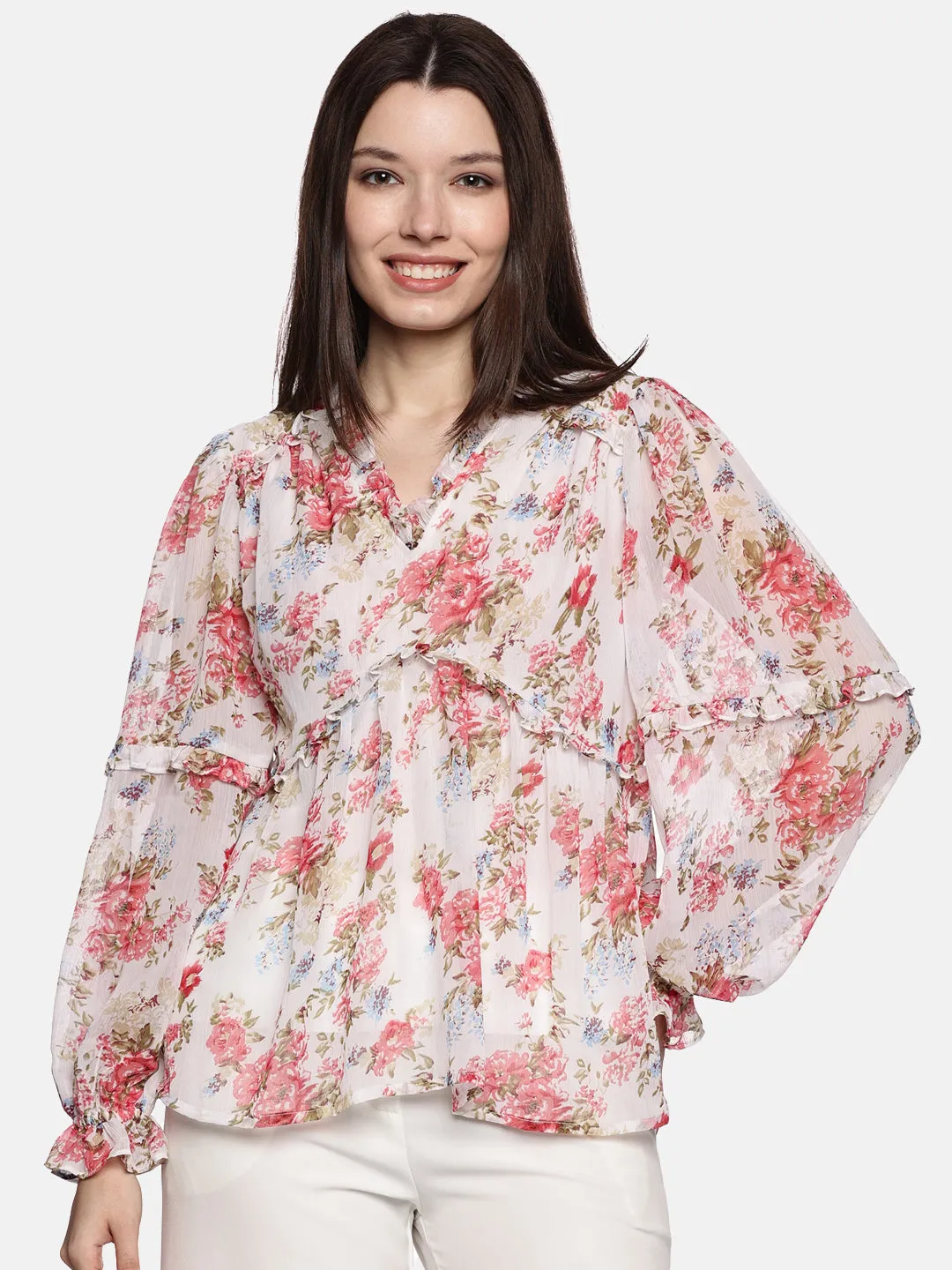 IS.U Floral Multicolor Blouson Sleeve Top