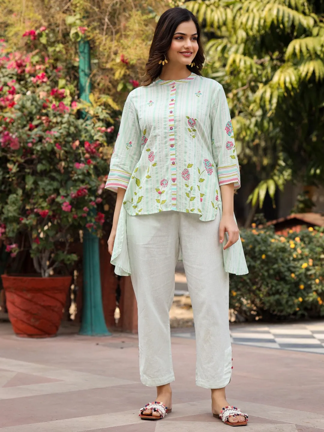 Jashvi The Wonderland Mint Floral Print Cotton Shirt With Pant & Scarf Co-Ord Set With Kaudi & Button