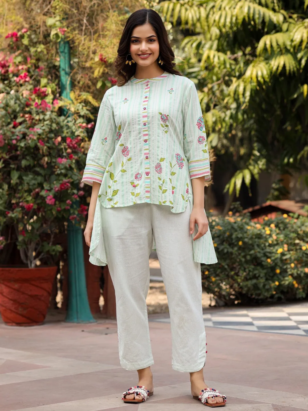 Jashvi The Wonderland Mint Floral Print Cotton Shirt With Pant & Scarf Co-Ord Set With Kaudi & Button