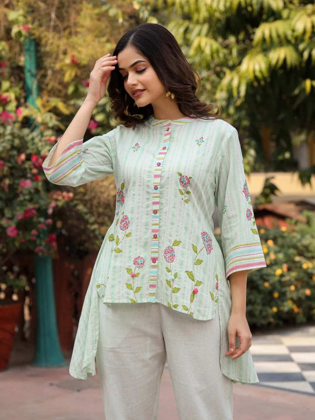 Jashvi The Wonderland Mint Floral Print Cotton Shirt With Pant & Scarf Co-Ord Set With Kaudi & Button