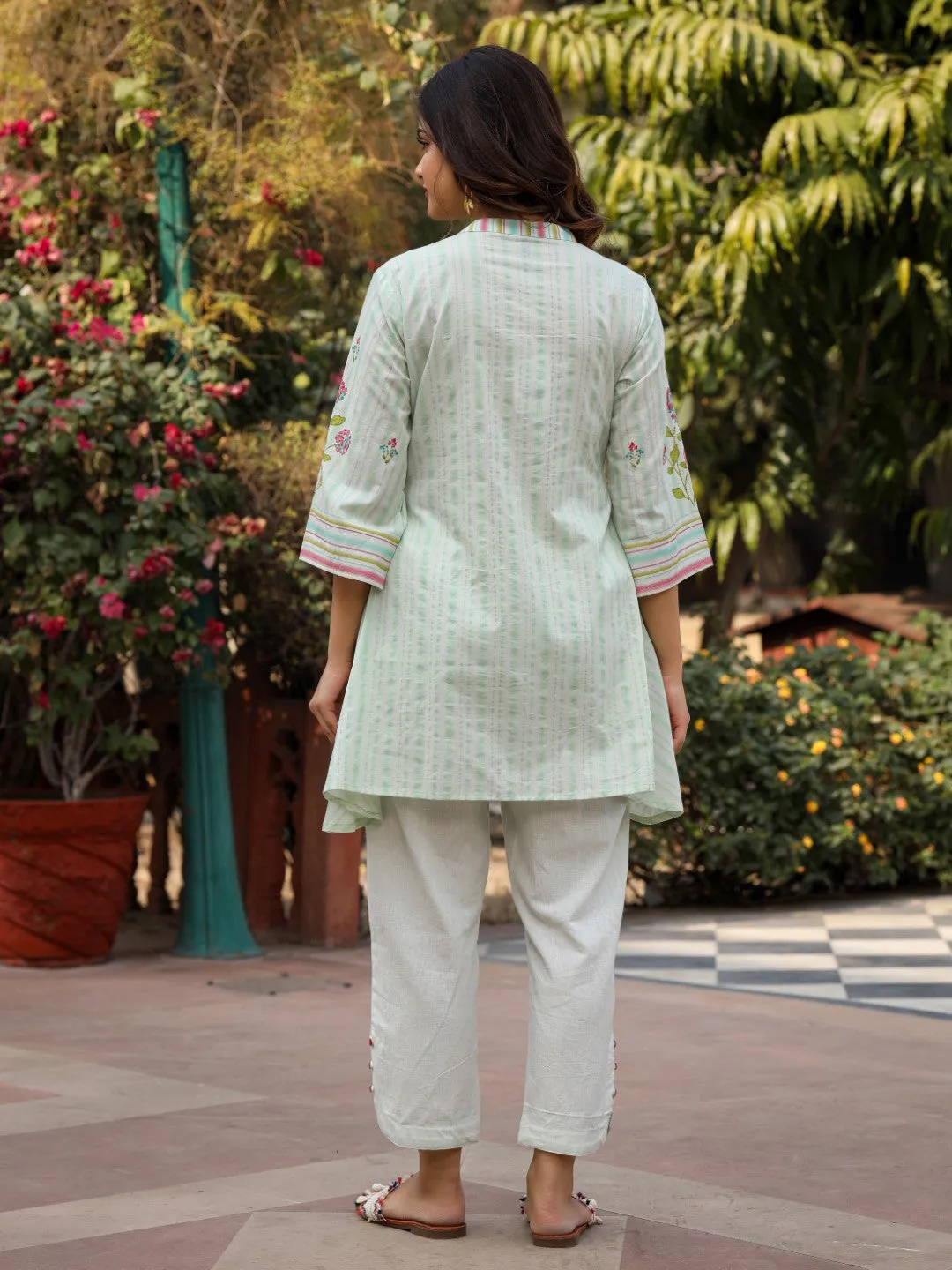 Jashvi The Wonderland Mint Floral Print Cotton Shirt With Pant & Scarf Co-Ord Set With Kaudi & Button