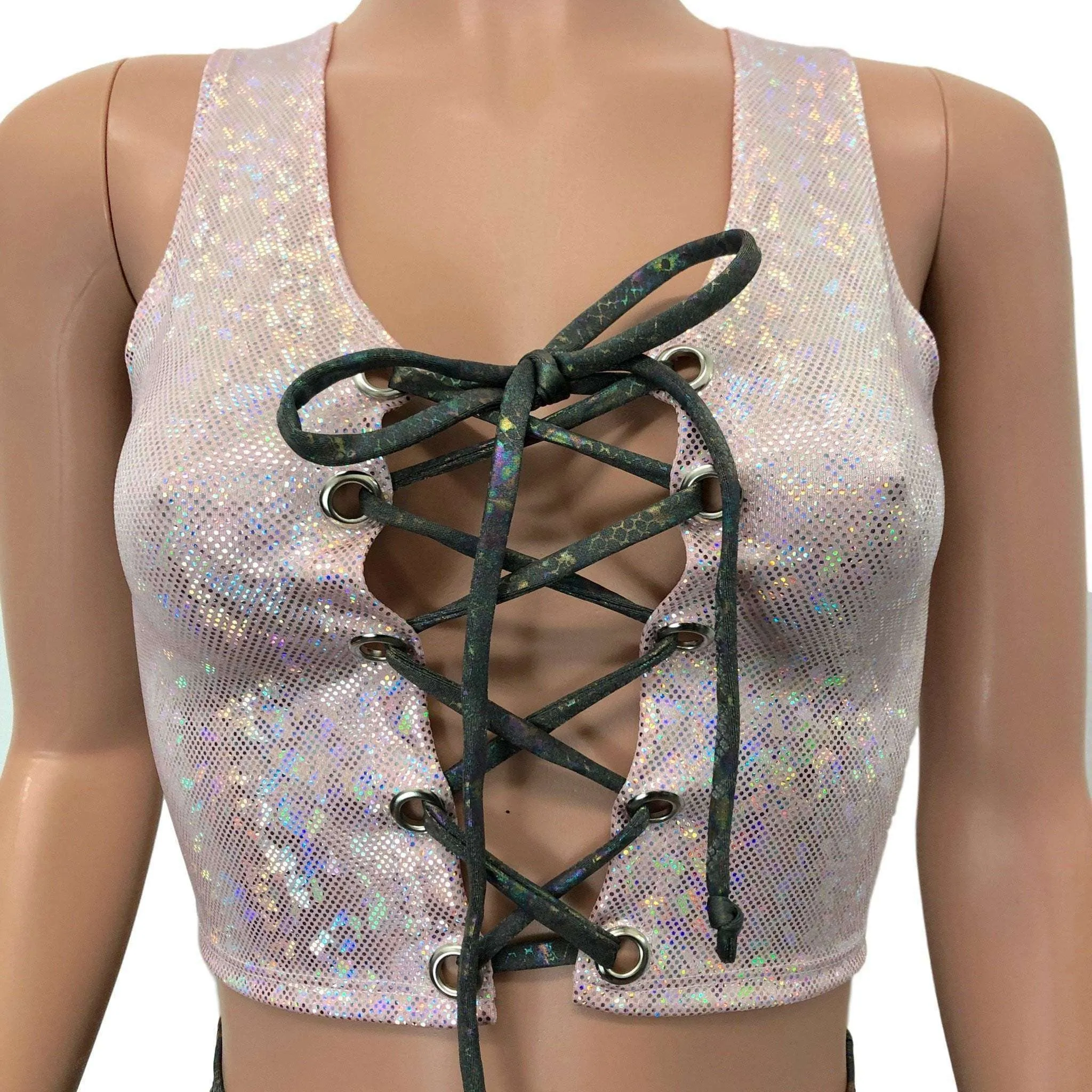 Lace-Up Crop Tank Top - Pink Shattered Glass Holographic