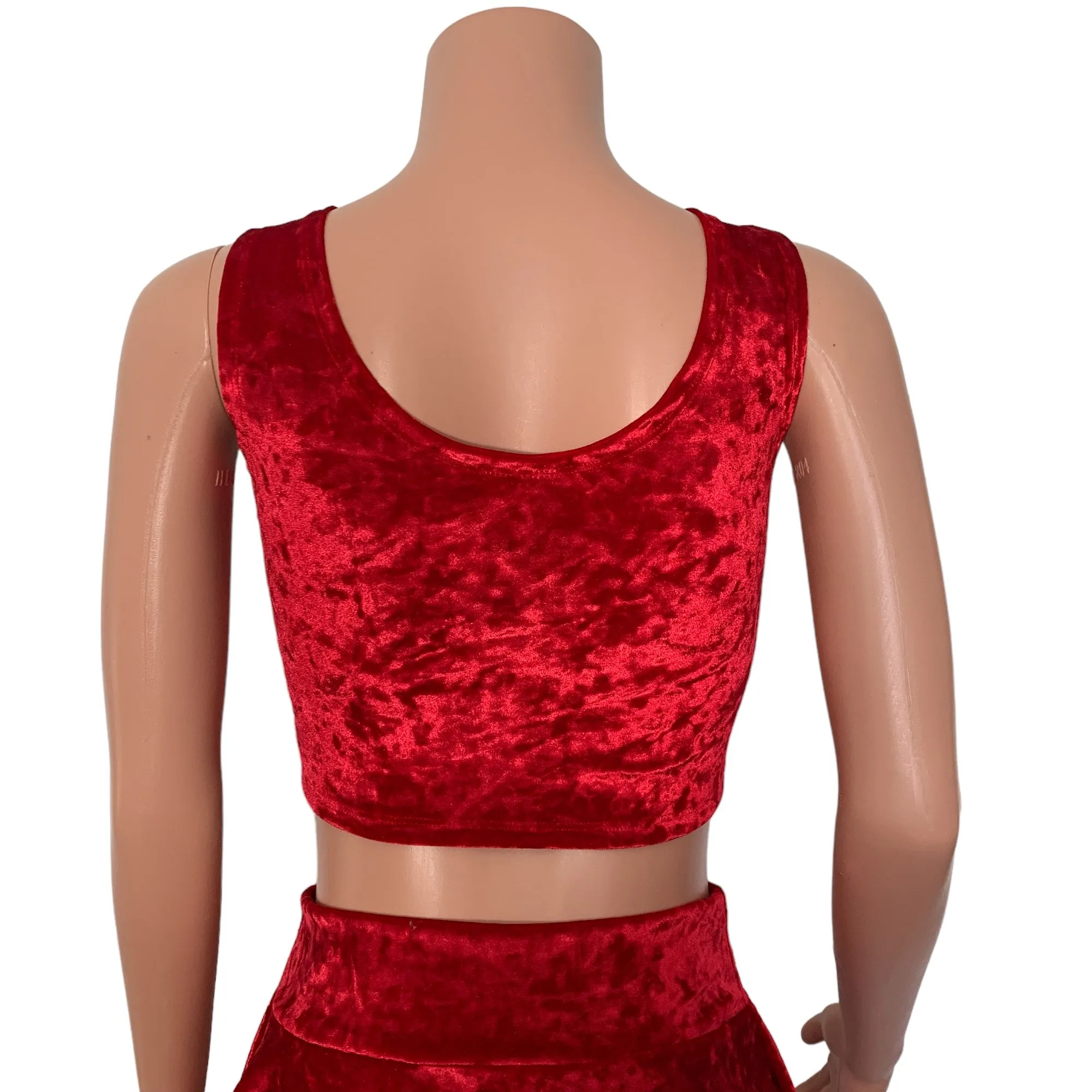 Lace-Up Crop Top - Red Crushed Velvet