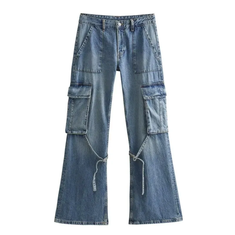 Ladies Casual High Waist Denim Wide Leg Cargo Pants in Blue and Khaki