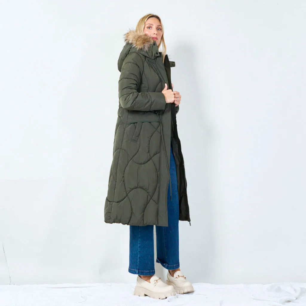 Long hooded puffer coat with drawstring waist wholesale