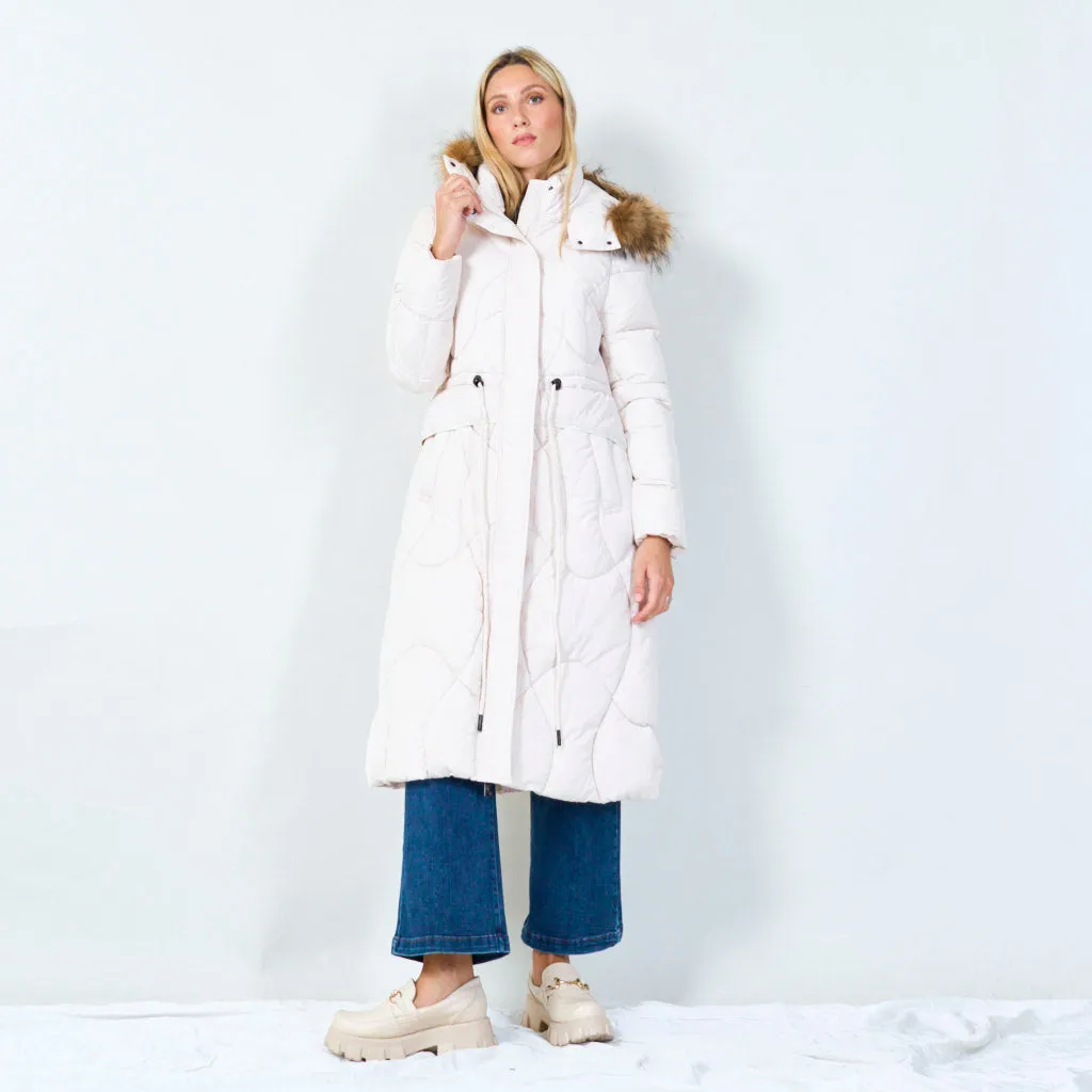 Long hooded puffer coat with drawstring waist wholesale