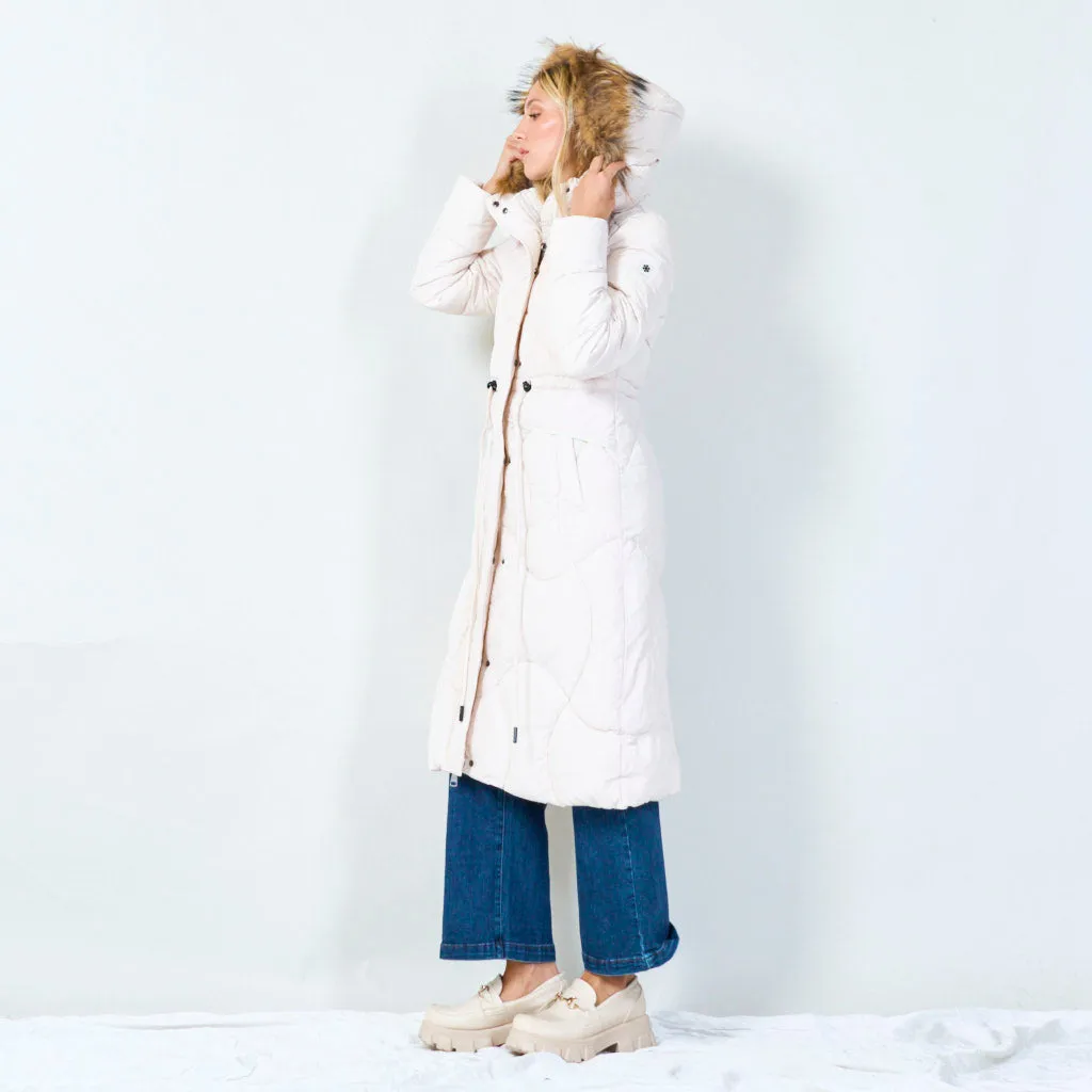 Long hooded puffer coat with drawstring waist wholesale