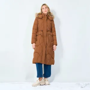 Long hooded puffer coat with drawstring waist wholesale