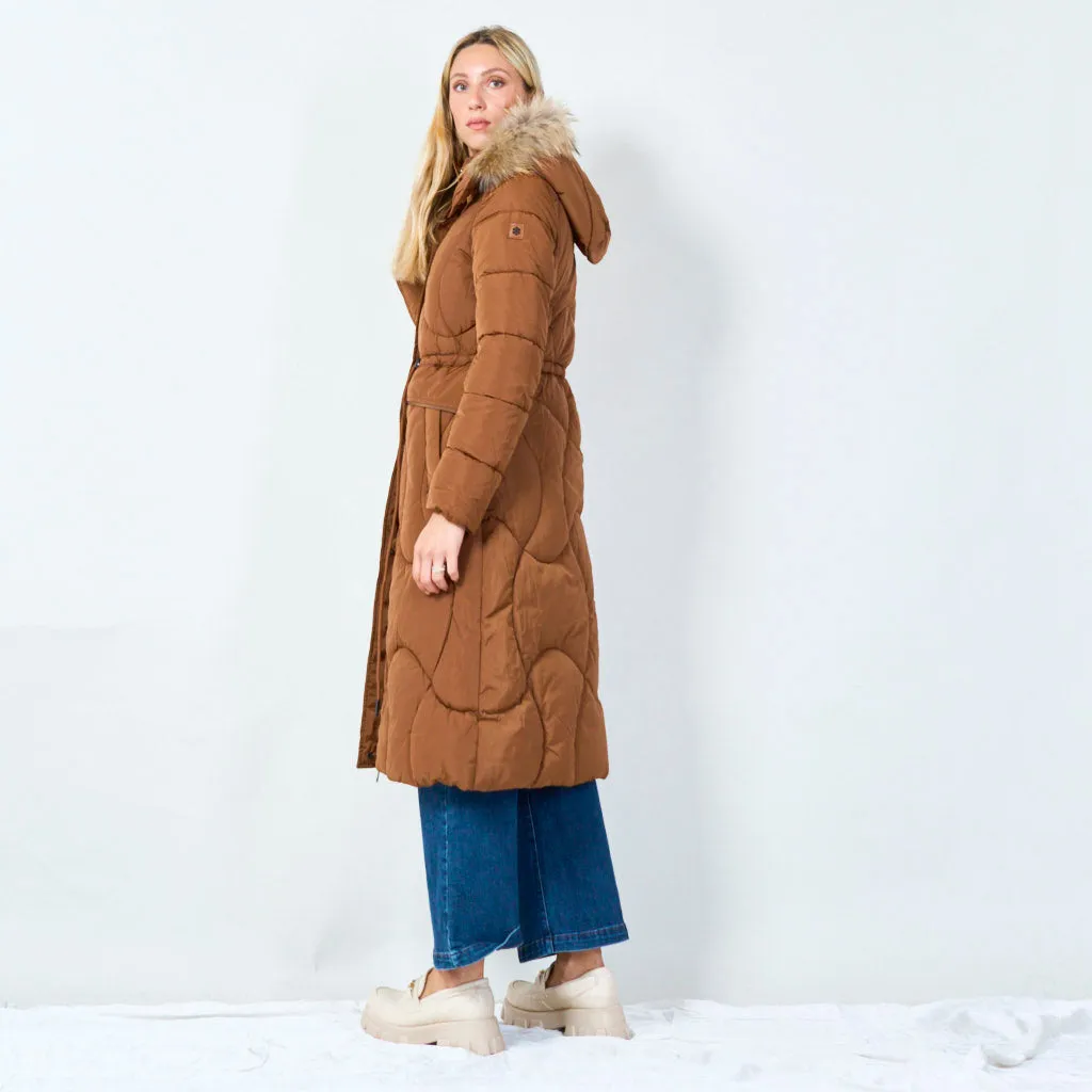 Long hooded puffer coat with drawstring waist wholesale